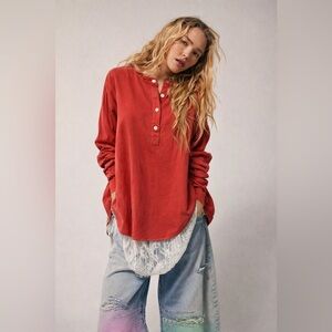 GAP Denim Red Cotton Henley Tunic Blouse Long Sleeve Size L